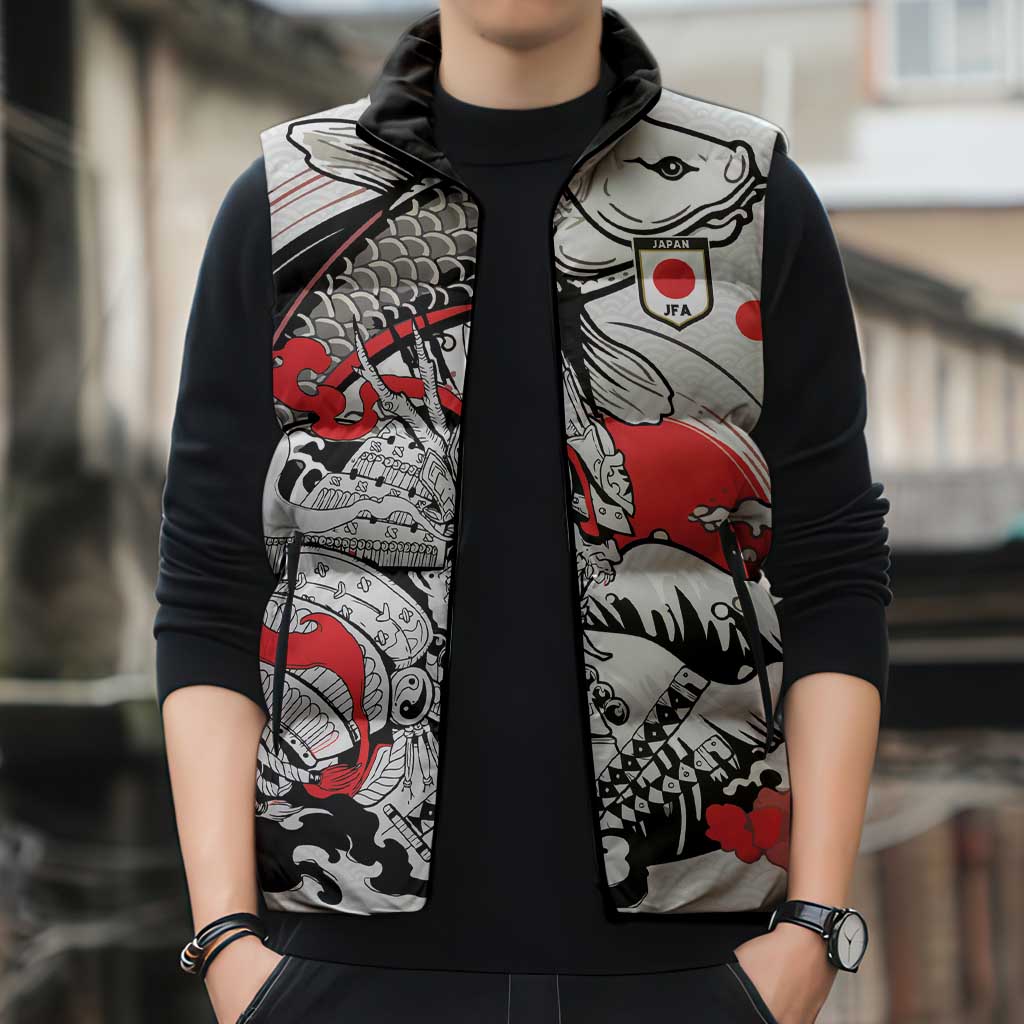 Personalized Football Japan Yatagarasu Sleeveless Puffer Jacket White Samurai Tsunami Wave Pattern