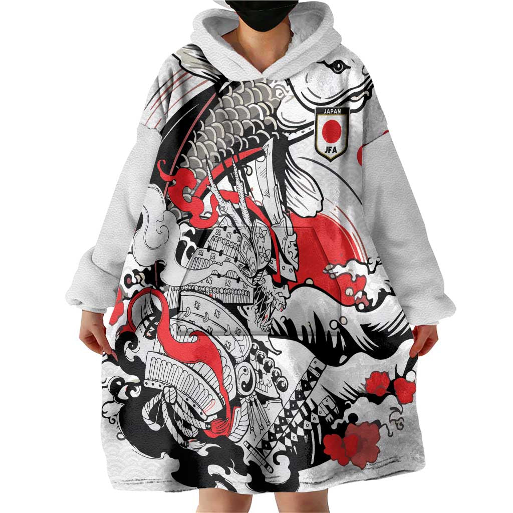 Personalized Football Japan Yatagarasu Wearable Blanket Hoodie White Samurai Tsunami Wave Pattern