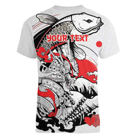 Personalized Football Japan Yatagarasu Women V-Neck T-Shirt White Samurai Tsunami Wave Pattern