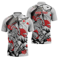 Personalized Football Japan Yatagarasu Zipper Polo Shirt White Samurai Tsunami Wave Pattern
