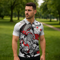 Personalized Football Japan Yatagarasu Zipper Polo Shirt White Samurai Tsunami Wave Pattern