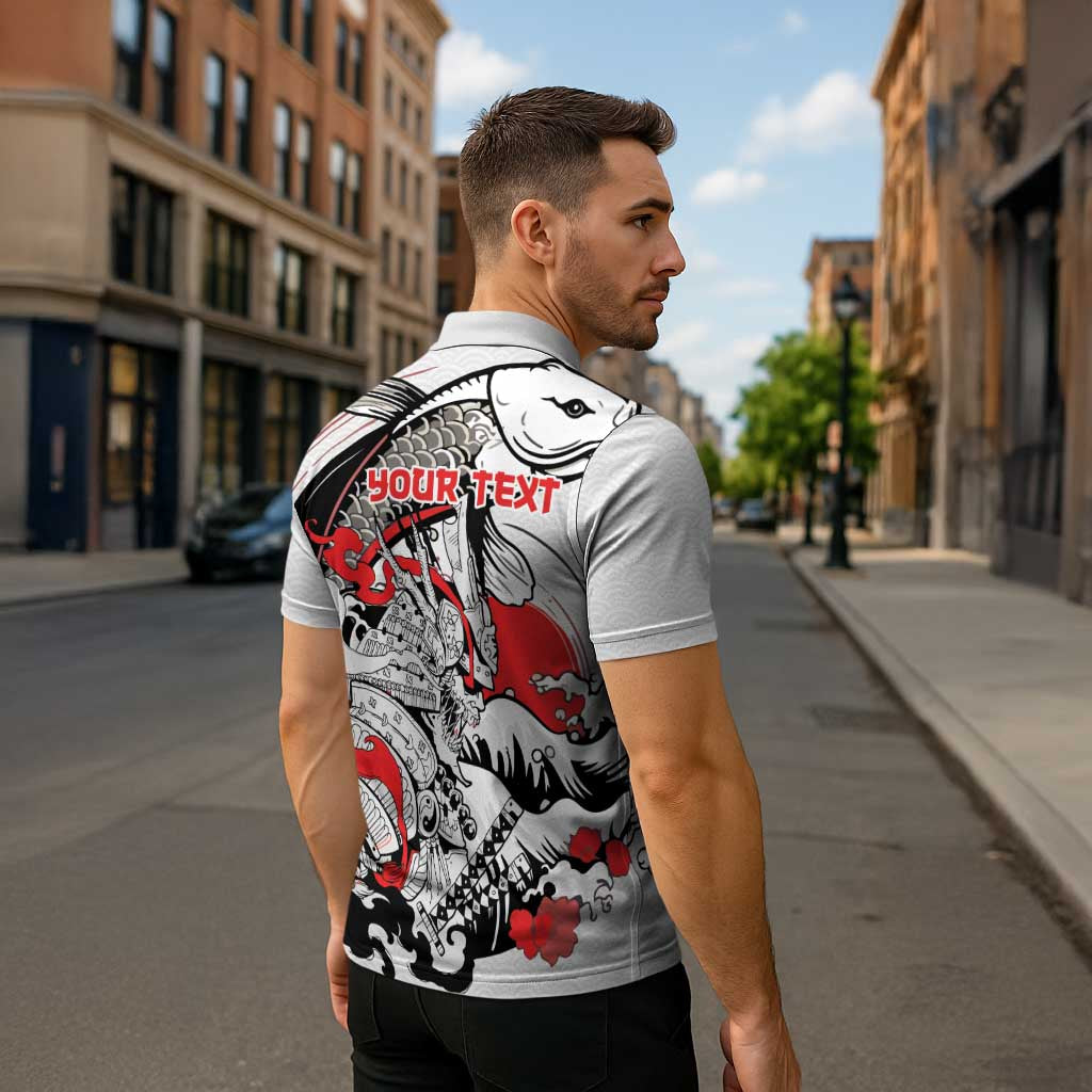 Personalized Football Japan Yatagarasu Zipper Polo Shirt White Samurai Tsunami Wave Pattern