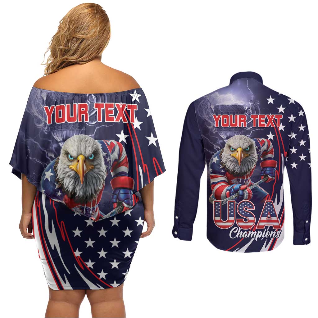 United States Ice Hockey Champions Personalized Couples Matching Off Shoulder Short Dress and Long Sleeve Button Shirt Lets Go Boy USA Goal