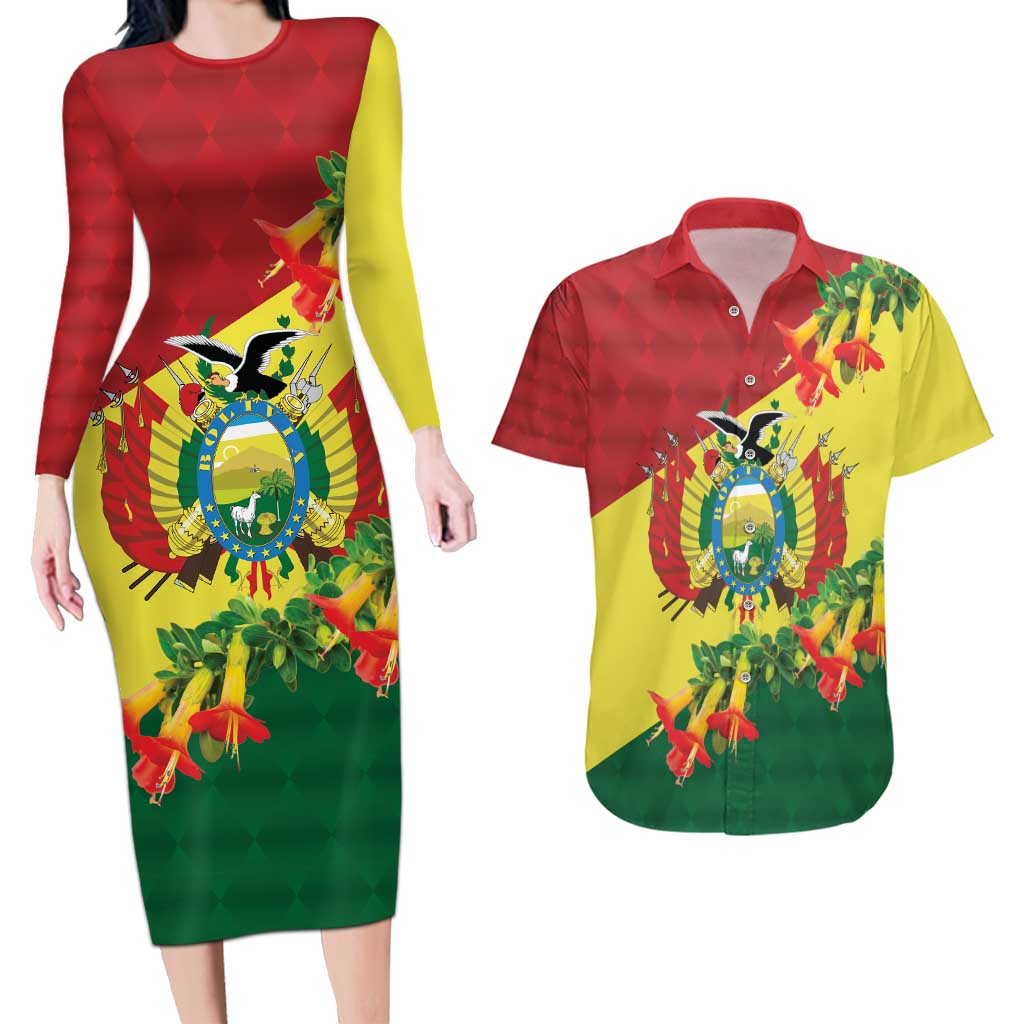 Bolivia Andean Condor Kantuta Flowers Couples Matching Long Sleeve Bodycon Dress and Hawaiian Shirt