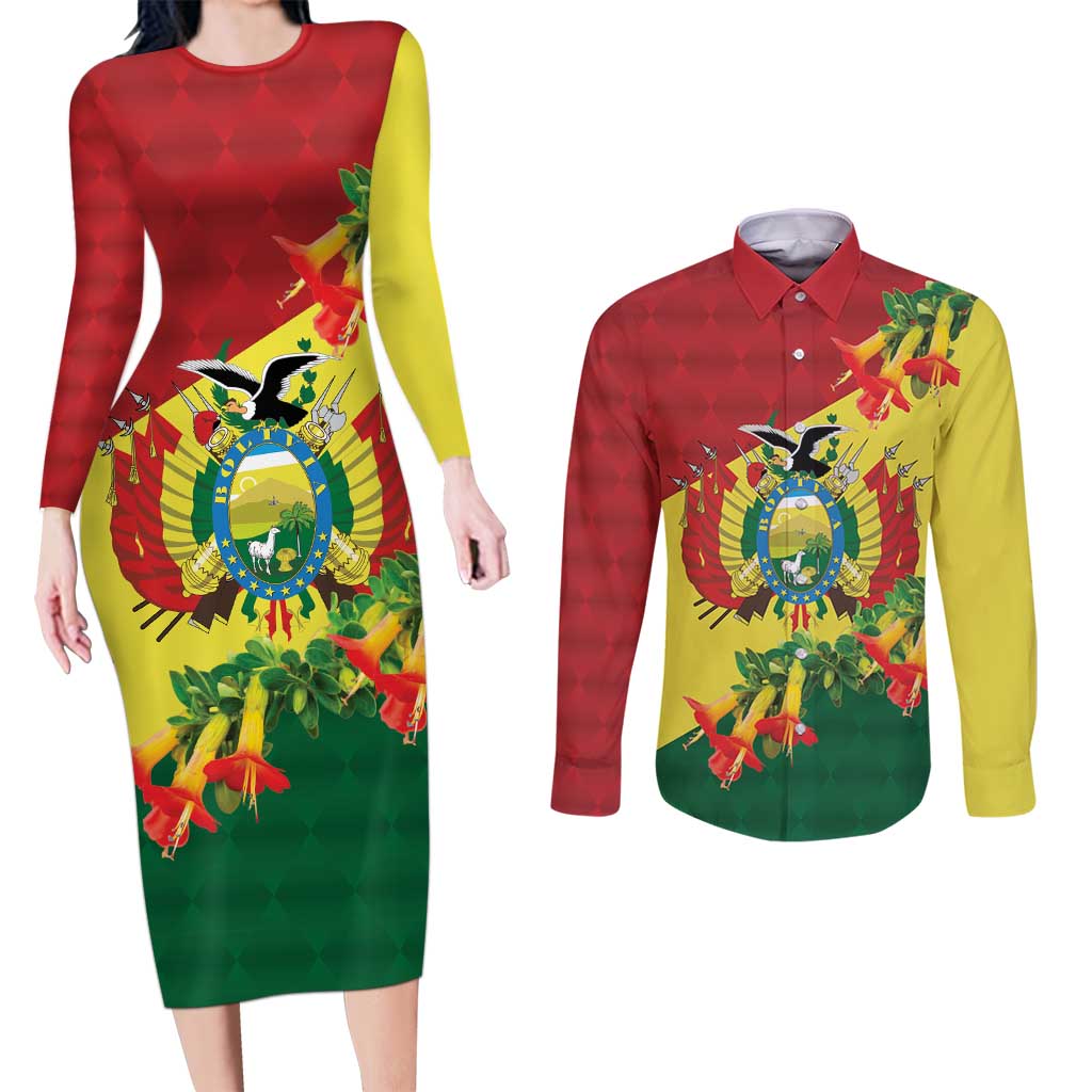 Bolivia Andean Condor Kantuta Flowers Couples Matching Long Sleeve Bodycon Dress and Long Sleeve Button Shirt