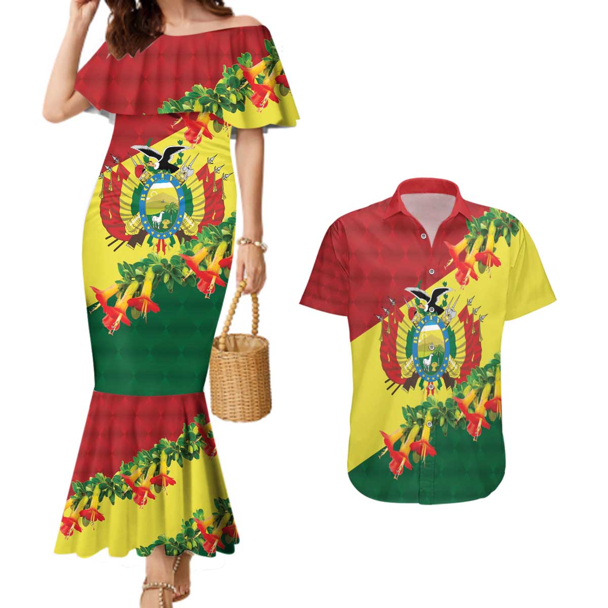 Bolivia Andean Condor Kantuta Flowers Couples Matching Mermaid Dress and Hawaiian Shirt