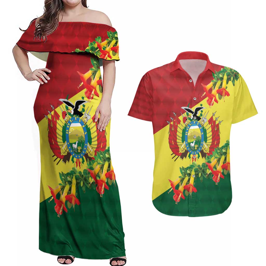 Bolivia Andean Condor Kantuta Flowers Couples Matching Off Shoulder Maxi Dress and Hawaiian Shirt