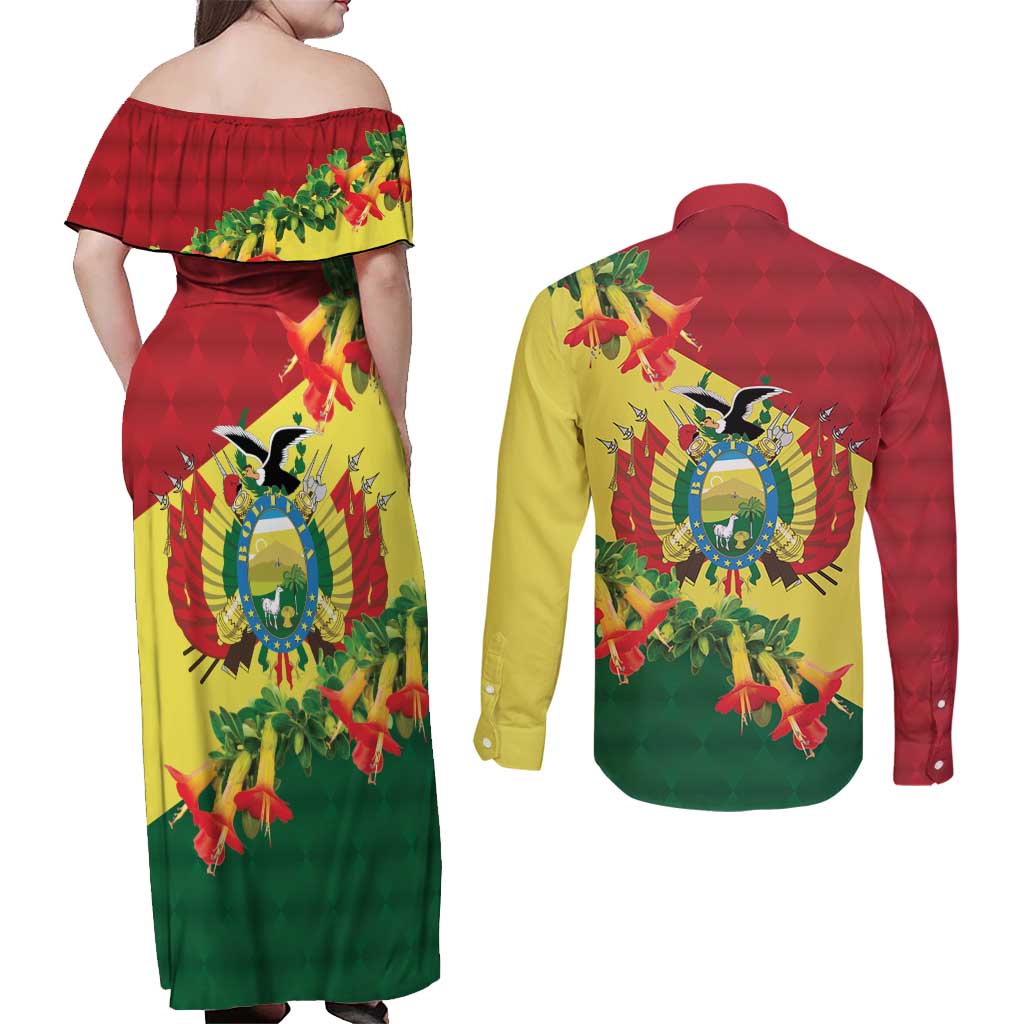 Bolivia Andean Condor Kantuta Flowers Couples Matching Off Shoulder Maxi Dress and Long Sleeve Button Shirt