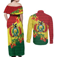 Bolivia Andean Condor Kantuta Flowers Couples Matching Off Shoulder Maxi Dress and Long Sleeve Button Shirt