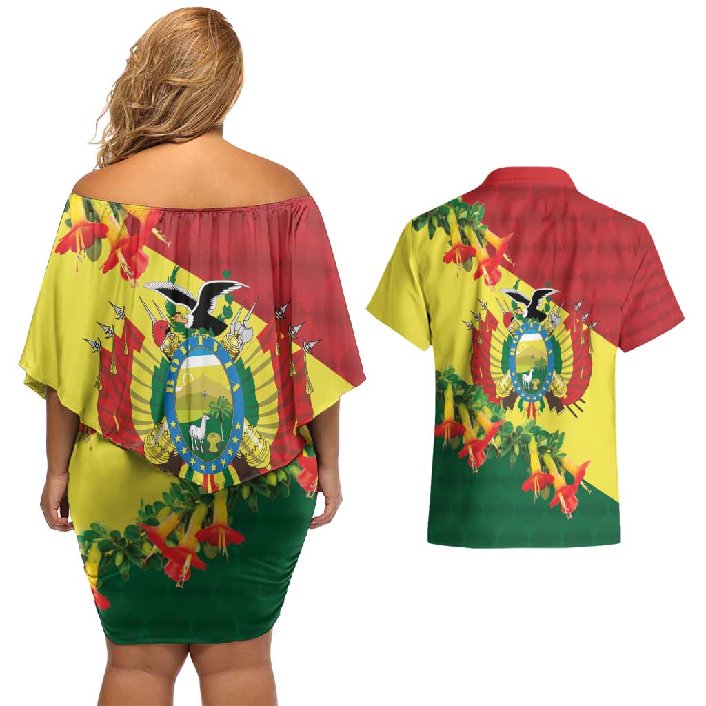 Bolivia Andean Condor Kantuta Flowers Couples Matching Off Shoulder Short Dress and Hawaiian Shirt