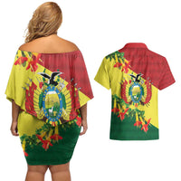 Bolivia Andean Condor Kantuta Flowers Couples Matching Off Shoulder Short Dress and Hawaiian Shirt