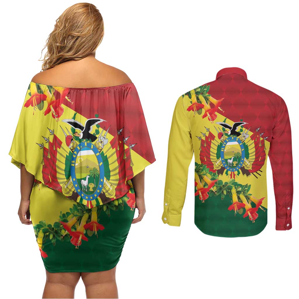 Bolivia Andean Condor Kantuta Flowers Couples Matching Off Shoulder Short Dress and Long Sleeve Button Shirt