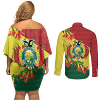 Bolivia Andean Condor Kantuta Flowers Couples Matching Off Shoulder Short Dress and Long Sleeve Button Shirt