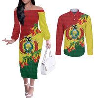 Bolivia Andean Condor Kantuta Flowers Couples Matching Off The Shoulder Long Sleeve Dress and Long Sleeve Button Shirt