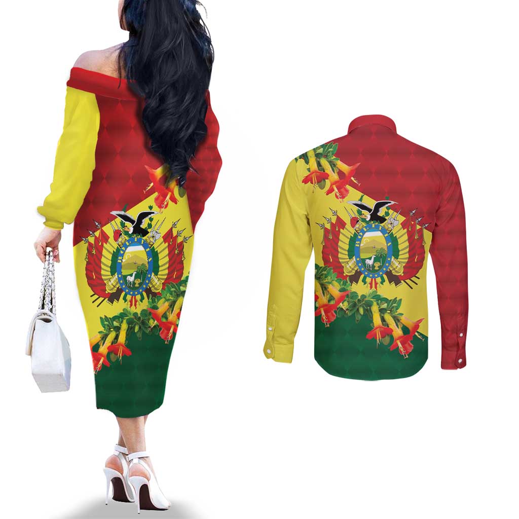 Bolivia Andean Condor Kantuta Flowers Couples Matching Off The Shoulder Long Sleeve Dress and Long Sleeve Button Shirt