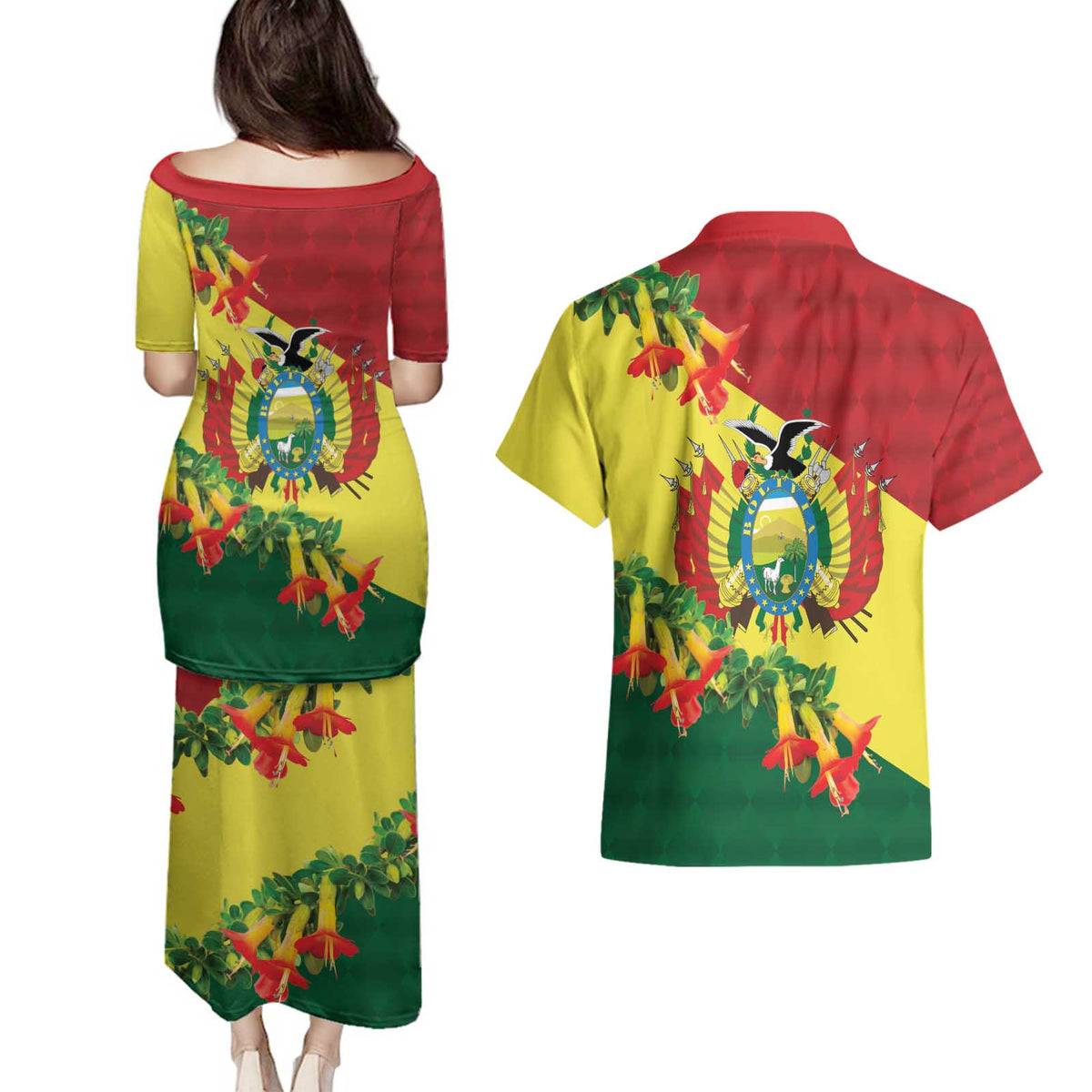 Bolivia Andean Condor Kantuta Flowers Couples Matching Puletasi and Hawaiian Shirt