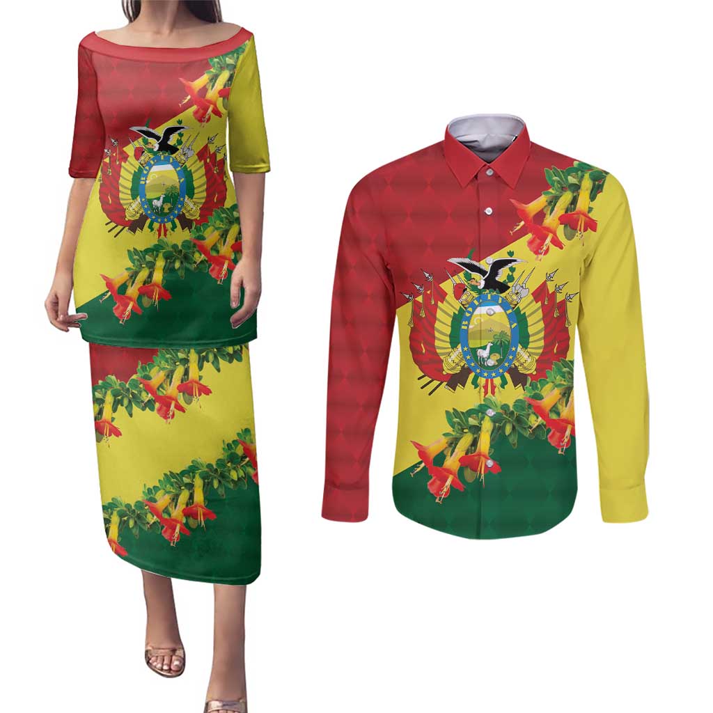 Bolivia Andean Condor Kantuta Flowers Couples Matching Puletasi and Long Sleeve Button Shirt