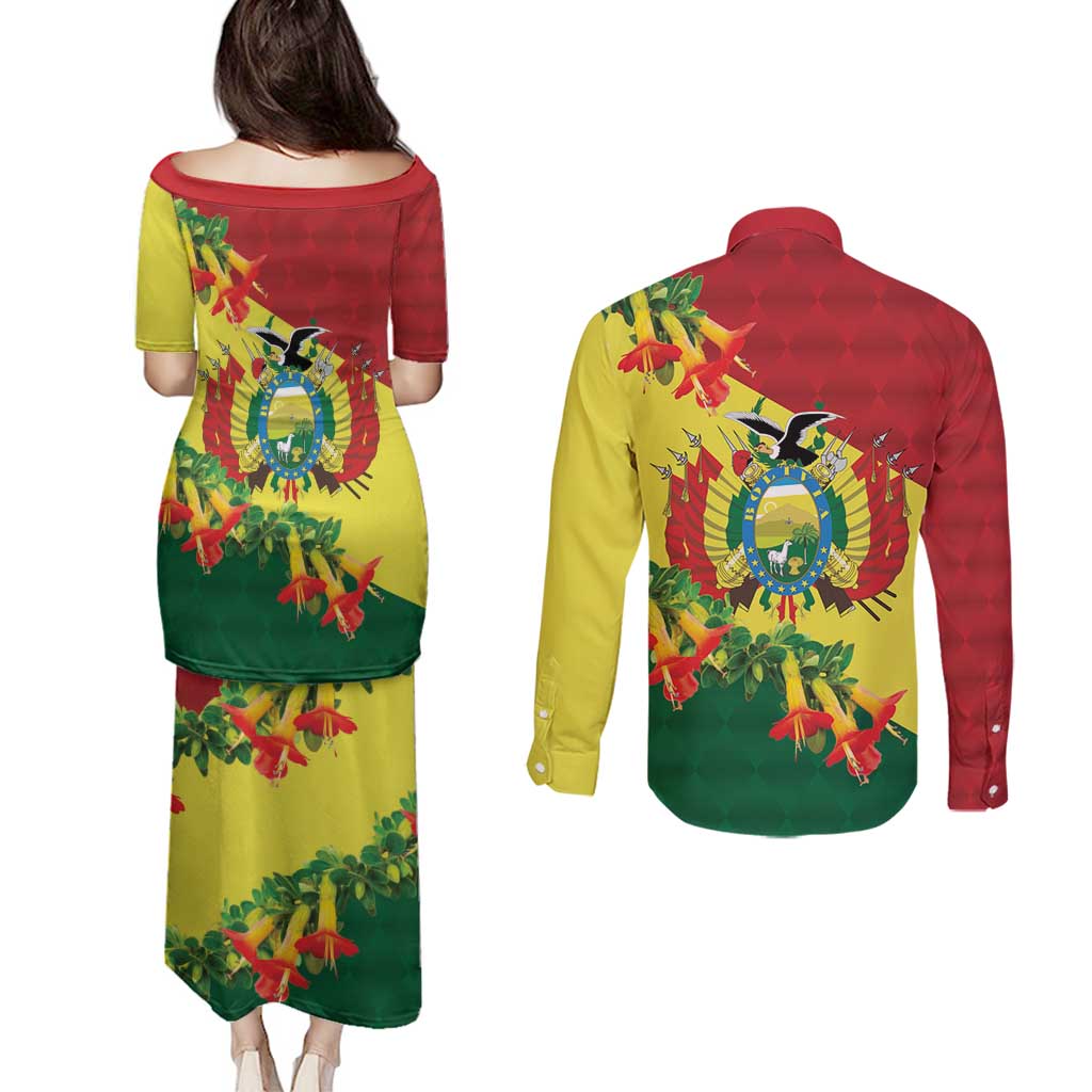 Bolivia Andean Condor Kantuta Flowers Couples Matching Puletasi and Long Sleeve Button Shirt