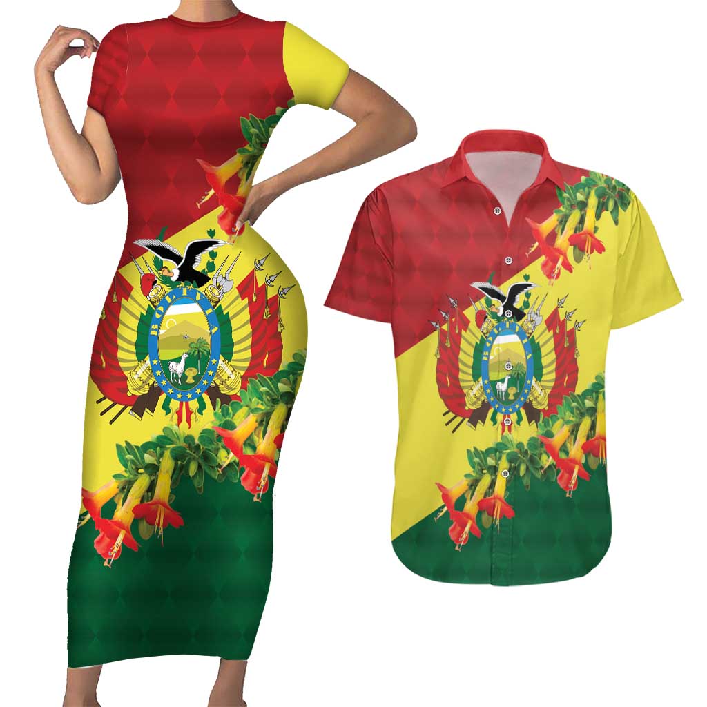 Bolivia Andean Condor Kantuta Flowers Couples Matching Short Sleeve Bodycon Dress and Hawaiian Shirt
