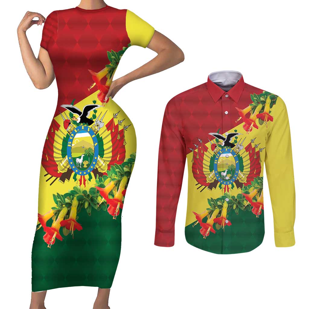 Bolivia Andean Condor Kantuta Flowers Couples Matching Short Sleeve Bodycon Dress and Long Sleeve Button Shirt