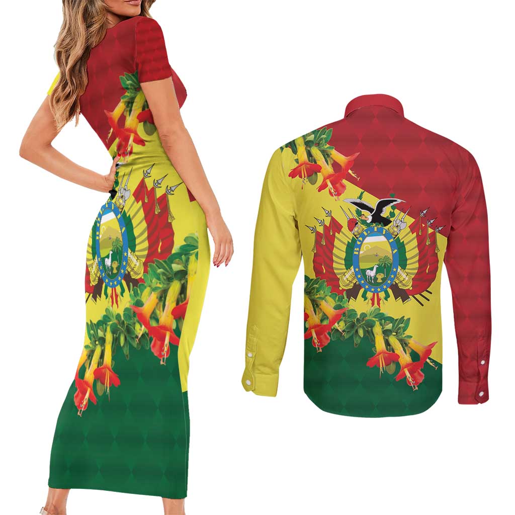 Bolivia Andean Condor Kantuta Flowers Couples Matching Short Sleeve Bodycon Dress and Long Sleeve Button Shirt
