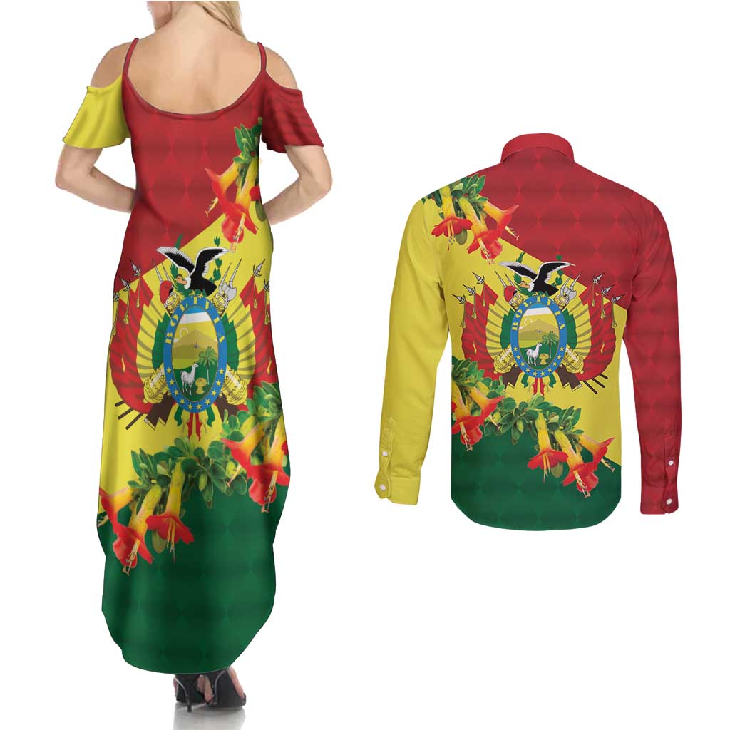 Bolivia Andean Condor Kantuta Flowers Couples Matching Summer Maxi Dress and Long Sleeve Button Shirt