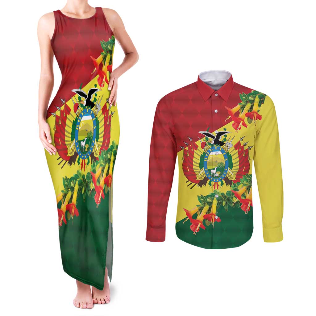 Bolivia Andean Condor Kantuta Flowers Couples Matching Tank Maxi Dress and Long Sleeve Button Shirt