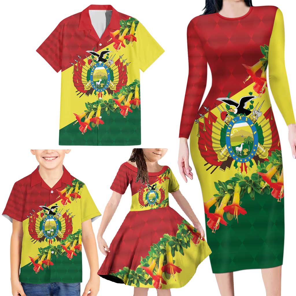 Bolivia Andean Condor Kantuta Flowers Family Matching Long Sleeve Bodycon Dress and Hawaiian Shirt