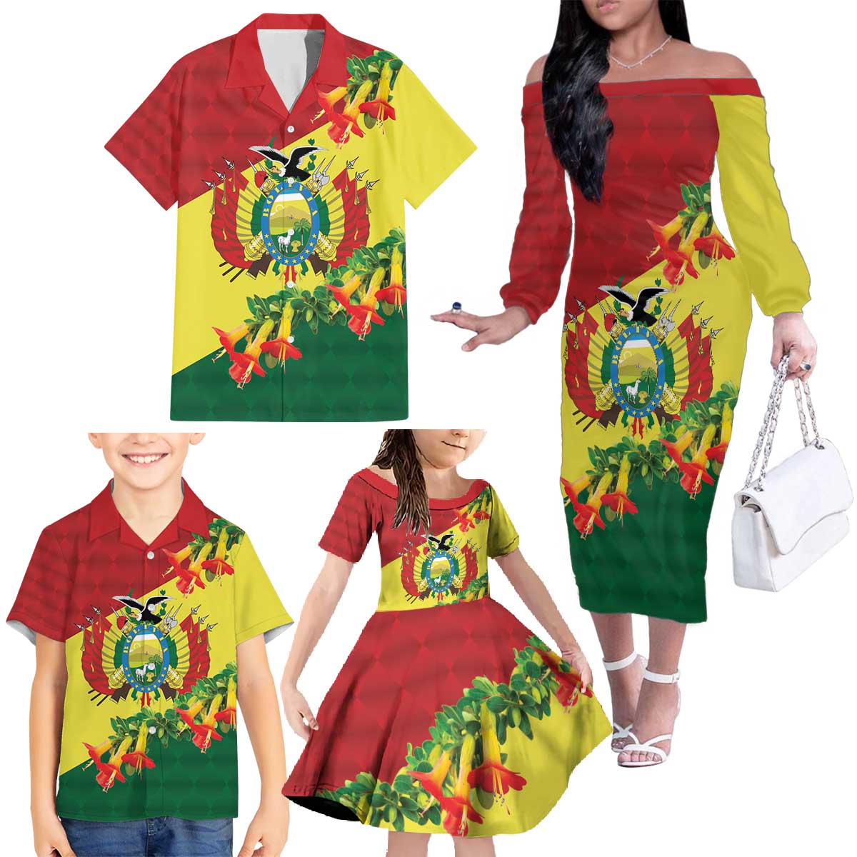 Bolivia Andean Condor Kantuta Flowers Family Matching Off The Shoulder Long Sleeve Dress and Hawaiian Shirt