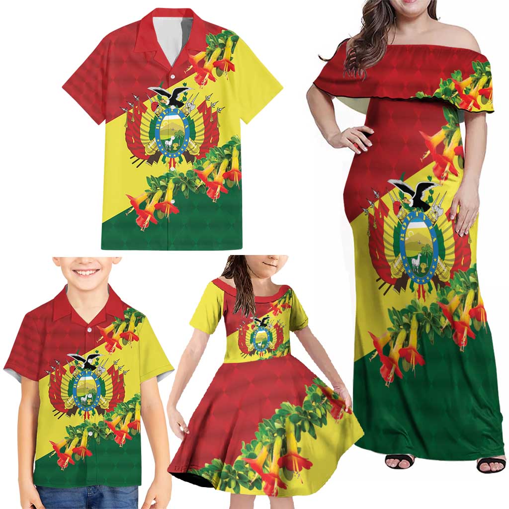 Bolivia Andean Condor Kantuta Flowers Family Matching Off Shoulder Maxi Dress and Hawaiian Shirt