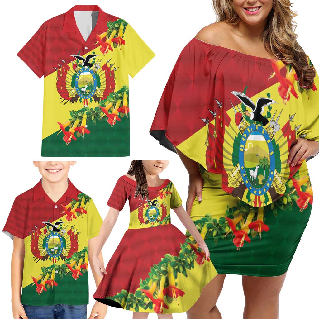 Bolivia Andean Condor Kantuta Flowers Family Matching Off Shoulder Short Dress and Hawaiian Shirt