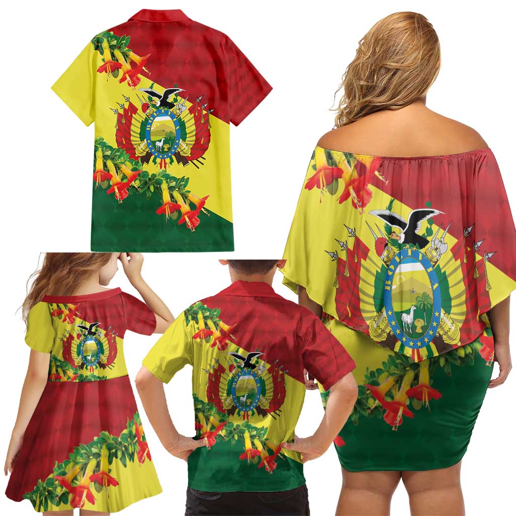 Bolivia Andean Condor Kantuta Flowers Family Matching Off Shoulder Short Dress and Hawaiian Shirt