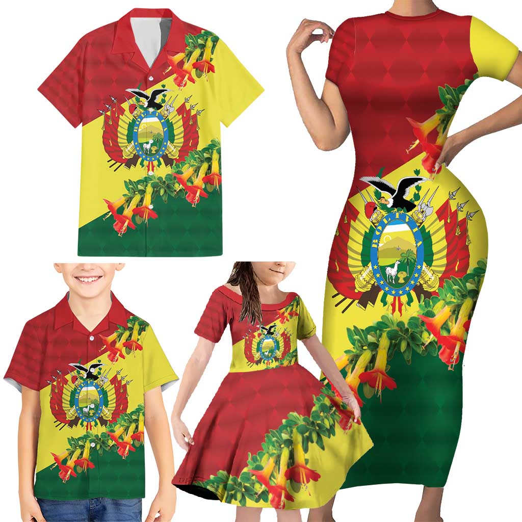 Bolivia Andean Condor Kantuta Flowers Family Matching Short Sleeve Bodycon Dress and Hawaiian Shirt