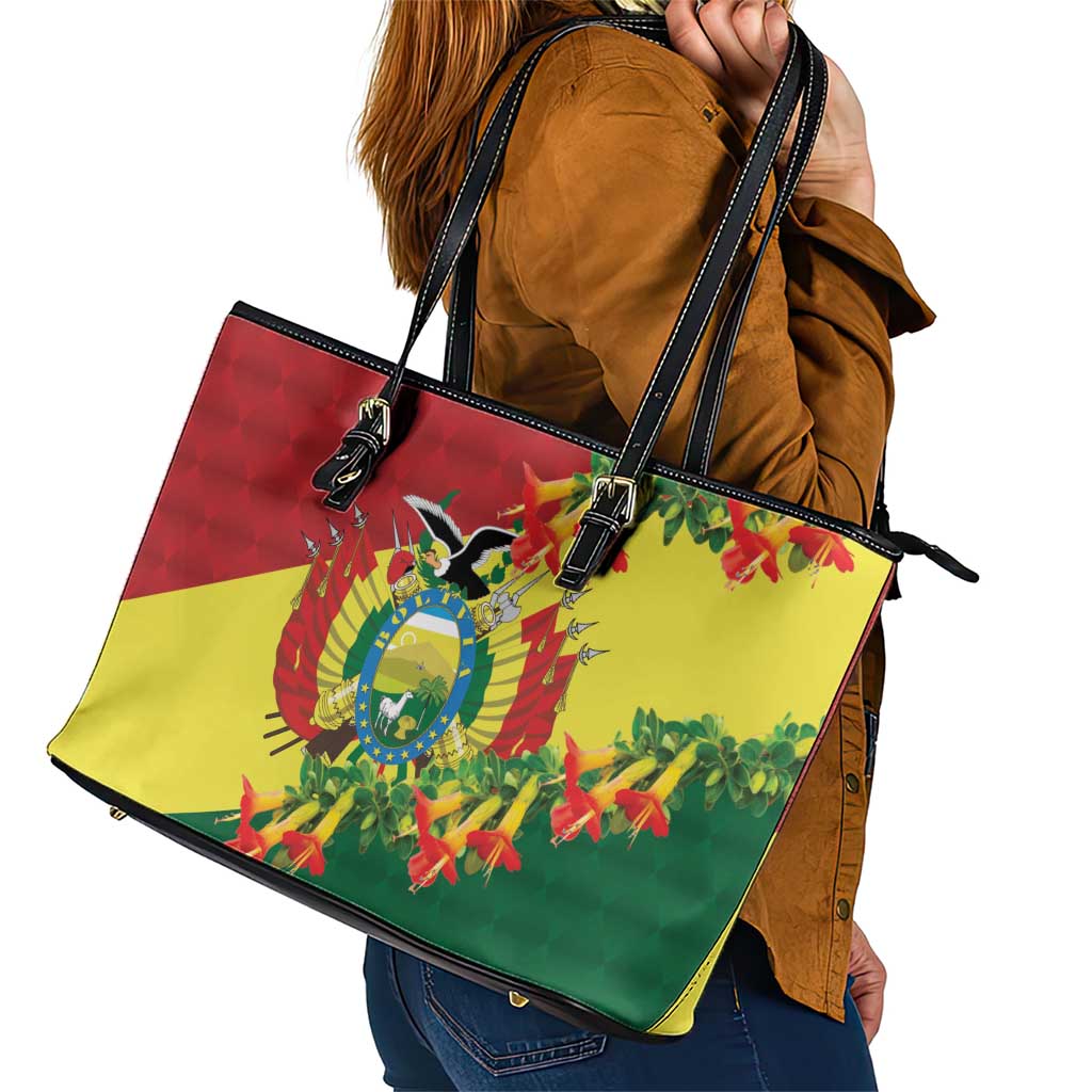 Bolivia Andean Condor Kantuta Flowers Leather Tote Bag LT9