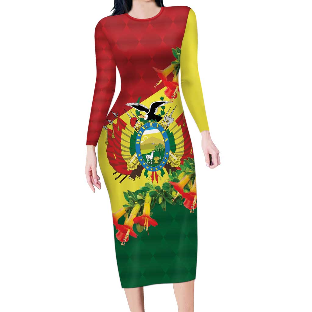 Bolivia Andean Condor Kantuta Flowers Long Sleeve Bodycon Dress