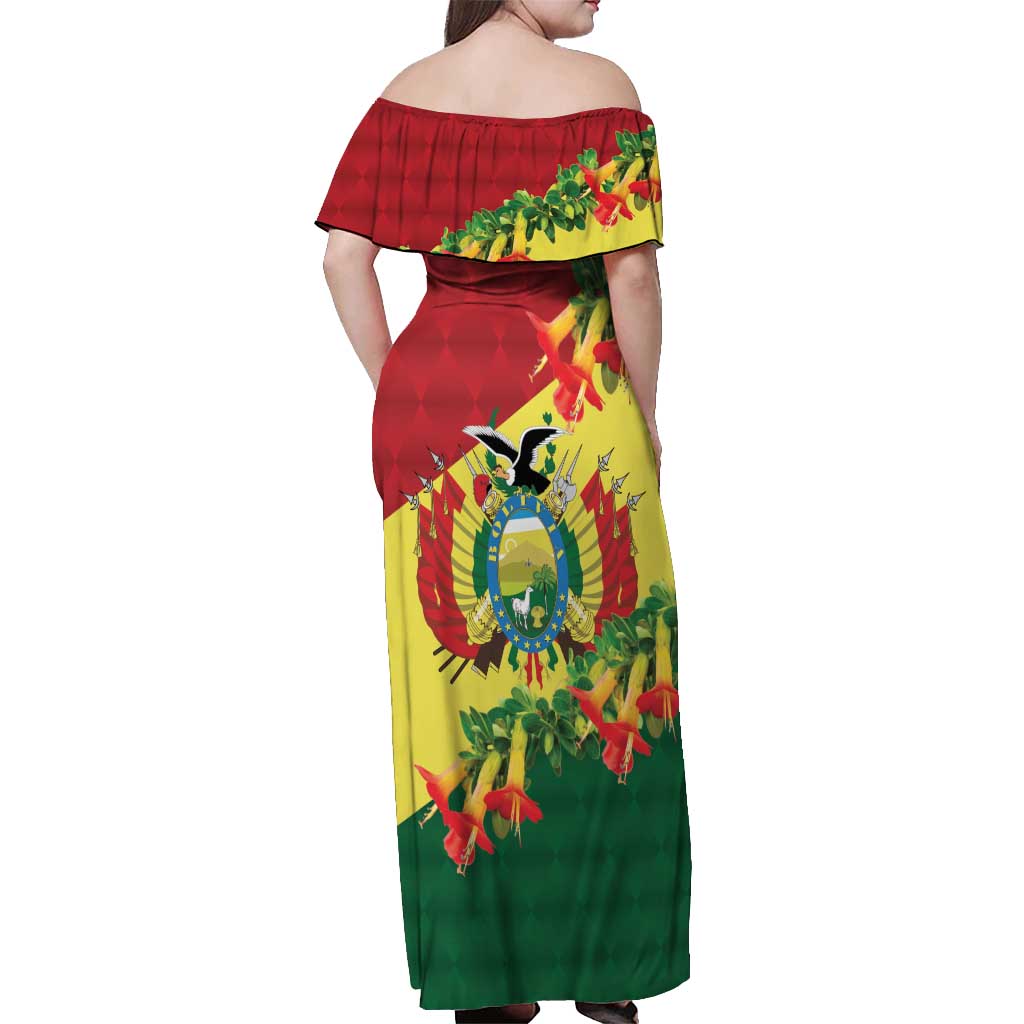 Bolivia Andean Condor Kantuta Flowers Off Shoulder Maxi Dress