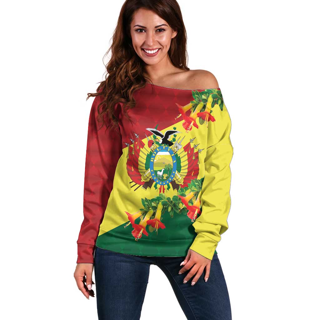 Bolivia Andean Condor Kantuta Flowers Off Shoulder Sweater