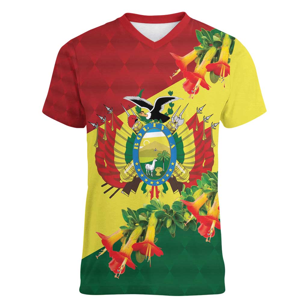 Bolivia Andean Condor Kantuta Flowers Women V-Neck T-Shirt