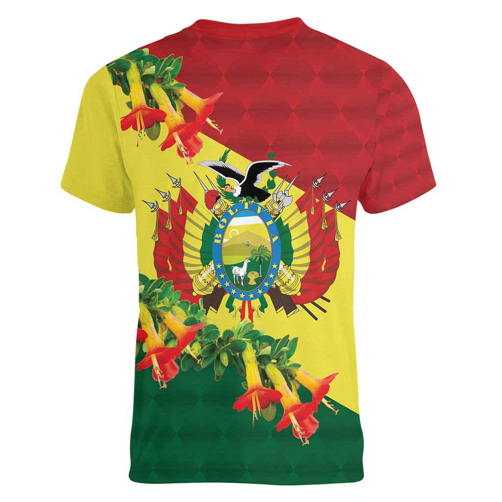 Bolivia Andean Condor Kantuta Flowers Women V-Neck T-Shirt