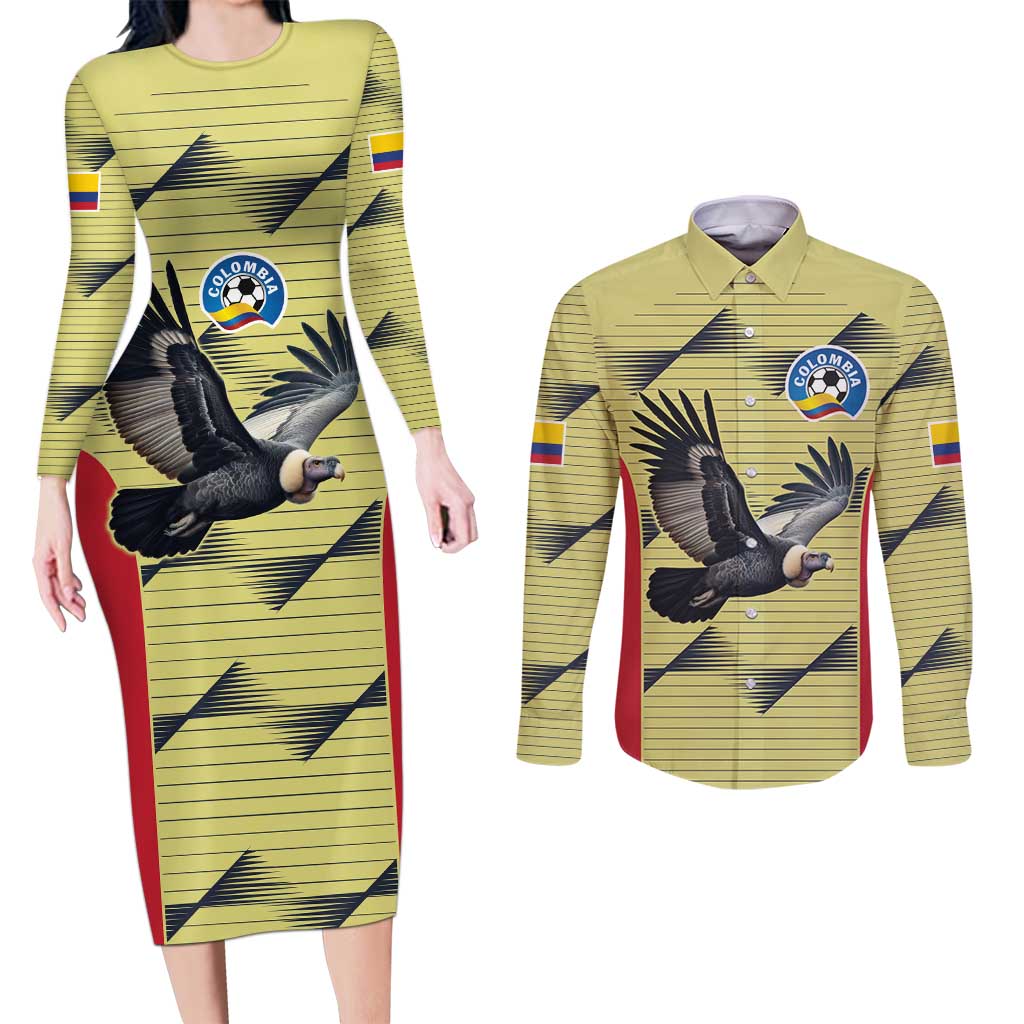 Colombia Football Custom Couples Matching Long Sleeve Bodycon Dress and Long Sleeve Button Shirt Los Cafeteros Andean Condor