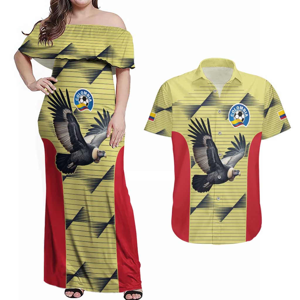 Colombia Football Custom Couples Matching Off Shoulder Maxi Dress and Hawaiian Shirt Los Cafeteros Andean Condor