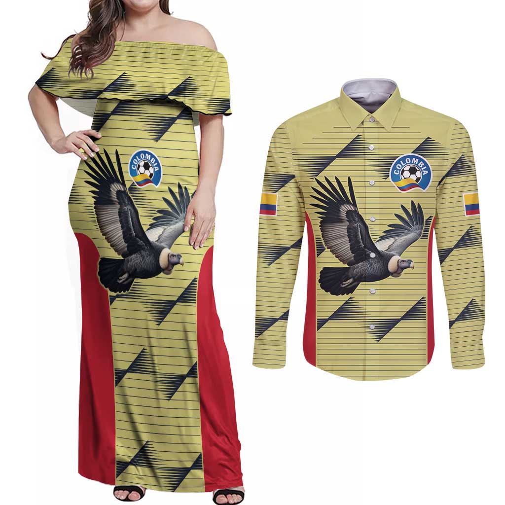 Colombia Football Custom Couples Matching Off Shoulder Maxi Dress and Long Sleeve Button Shirt Los Cafeteros Andean Condor