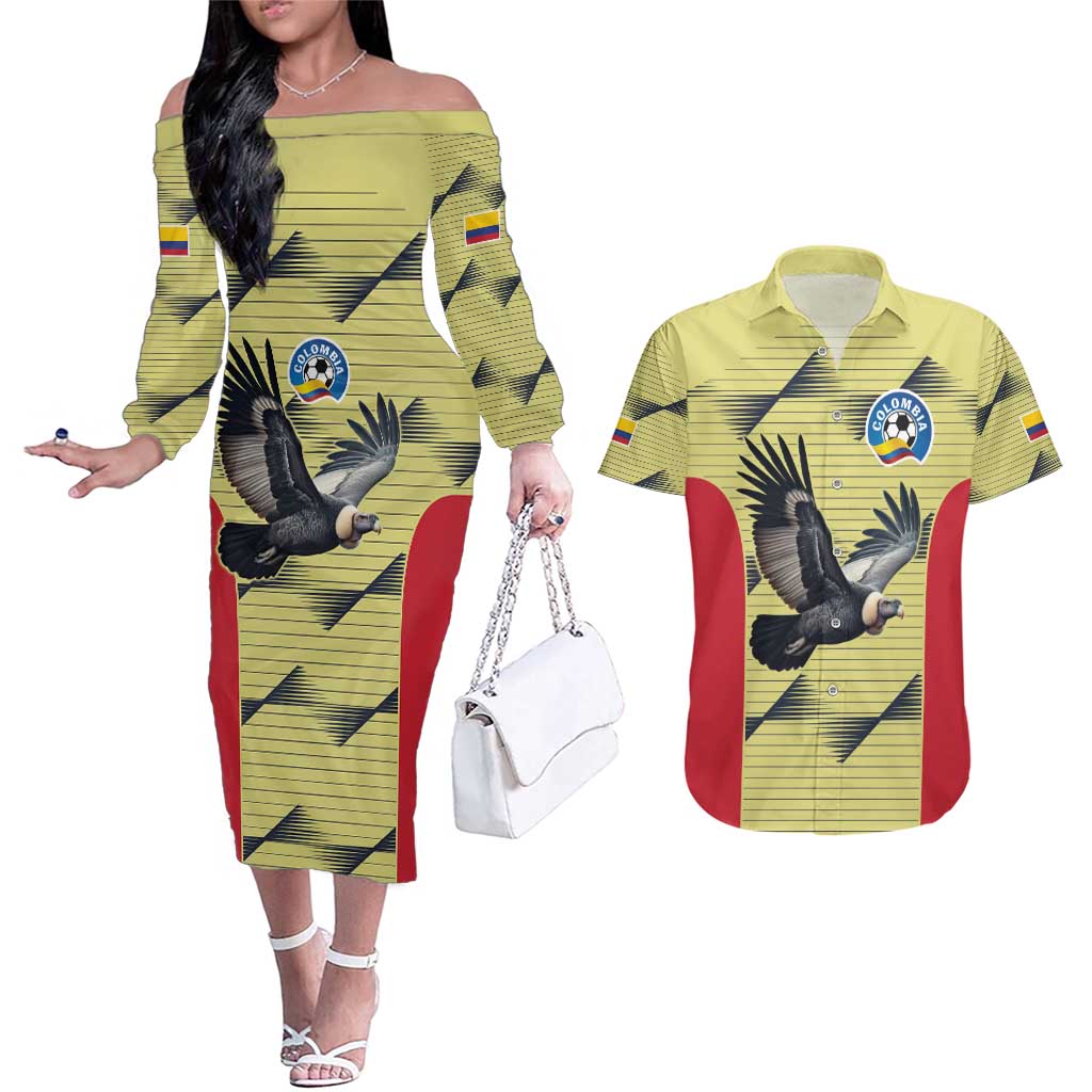 Colombia Football Custom Couples Matching Off The Shoulder Long Sleeve Dress and Hawaiian Shirt Los Cafeteros Andean Condor