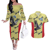 Colombia Football Custom Couples Matching Off The Shoulder Long Sleeve Dress and Hawaiian Shirt Los Cafeteros Andean Condor