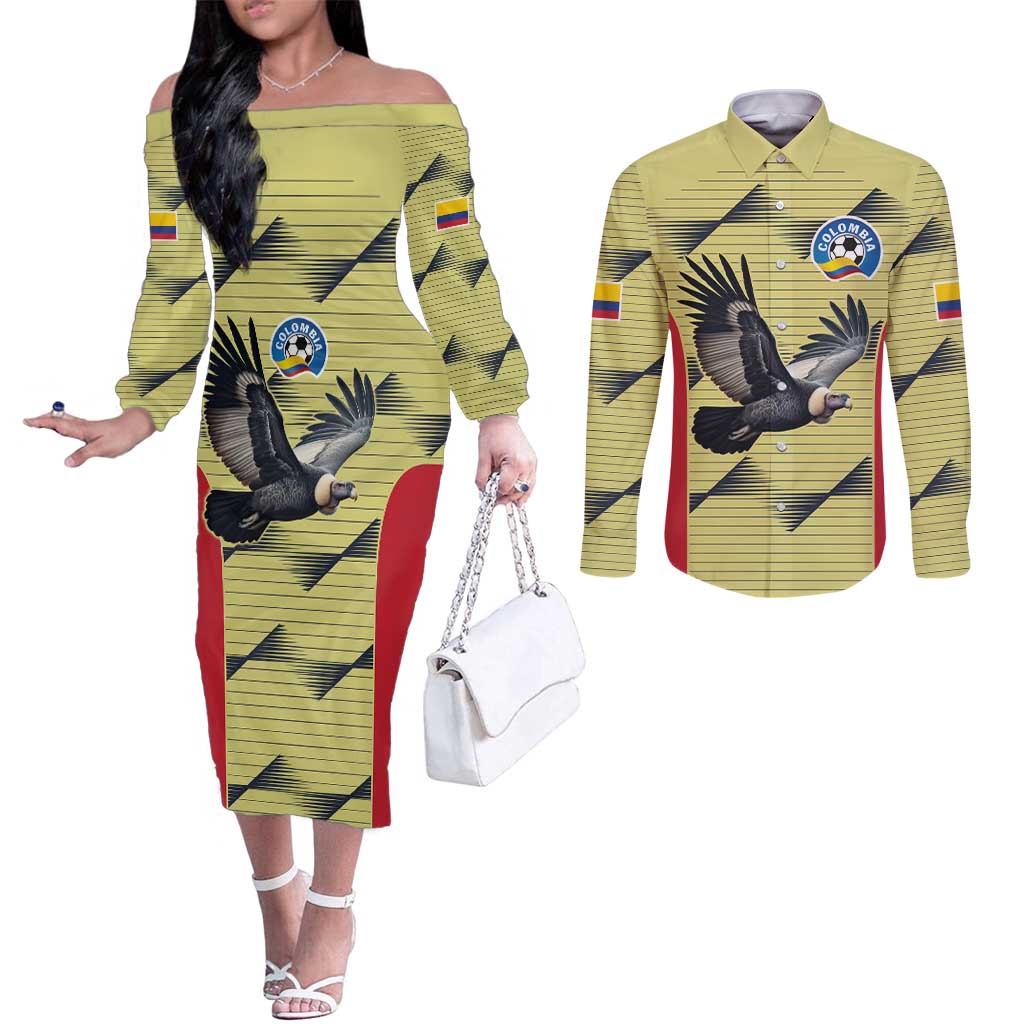 Colombia Football Custom Couples Matching Off The Shoulder Long Sleeve Dress and Long Sleeve Button Shirt Los Cafeteros Andean Condor