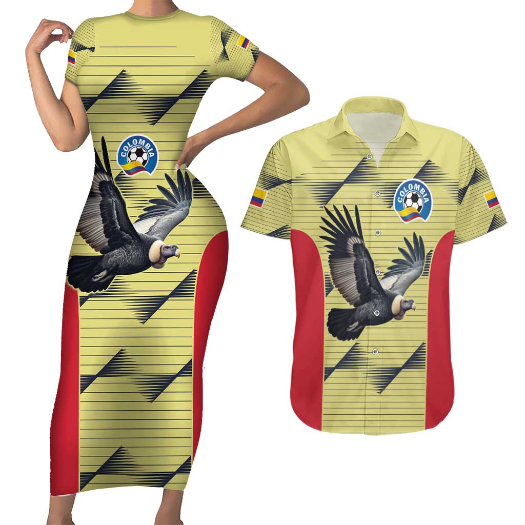 Colombia Football Custom Couples Matching Short Sleeve Bodycon Dress and Hawaiian Shirt Los Cafeteros Andean Condor