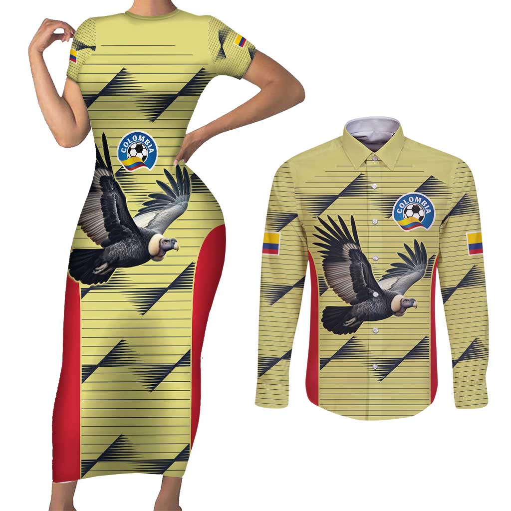 Colombia Football Custom Couples Matching Short Sleeve Bodycon Dress and Long Sleeve Button Shirt Los Cafeteros Andean Condor
