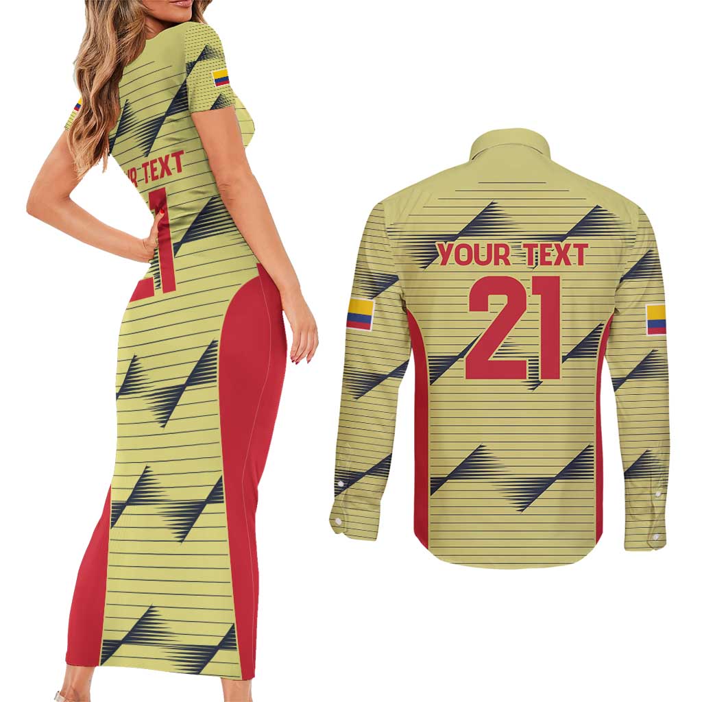 Colombia Football Custom Couples Matching Short Sleeve Bodycon Dress and Long Sleeve Button Shirt Los Cafeteros Andean Condor