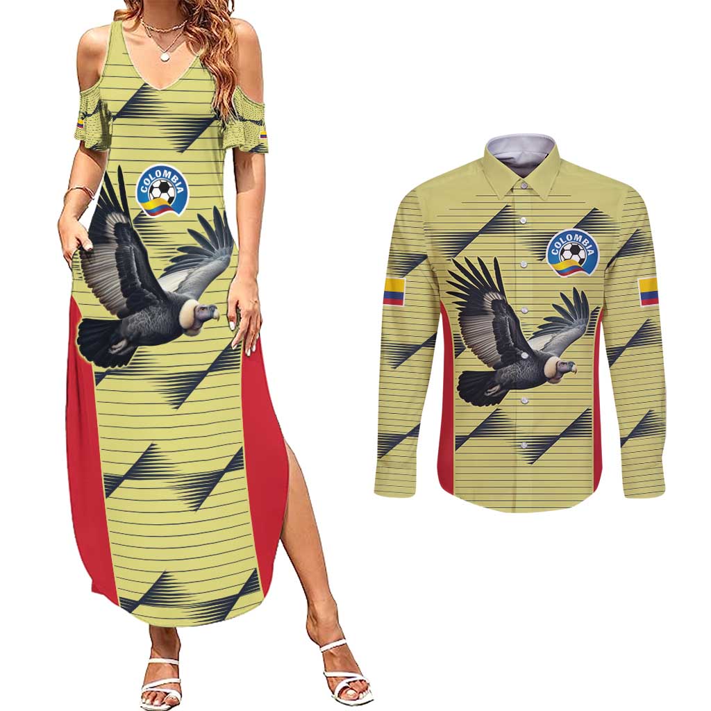 Colombia Football Custom Couples Matching Summer Maxi Dress and Long Sleeve Button Shirt Los Cafeteros Andean Condor