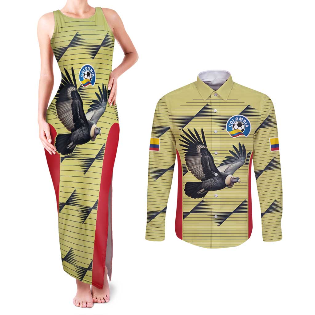 Colombia Football Custom Couples Matching Tank Maxi Dress and Long Sleeve Button Shirt Los Cafeteros Andean Condor
